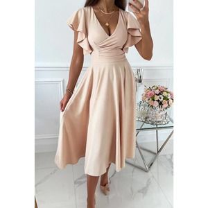 Charlene Midi Dress V Neck Ruffle Sleeve Wrap Style Nude Blush Pink Size Large